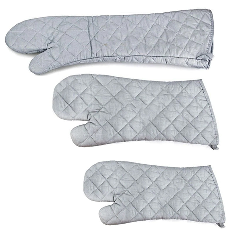 Three quilted oven mitts on a white background