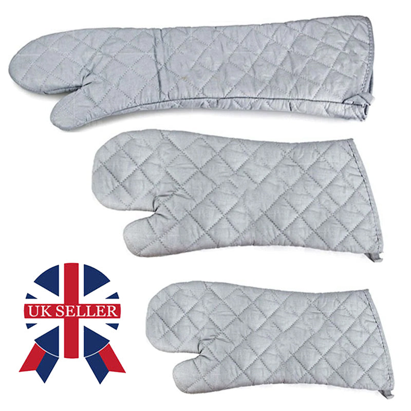 Three gray quilted oven mitts on a white background with a UK Seller badge.