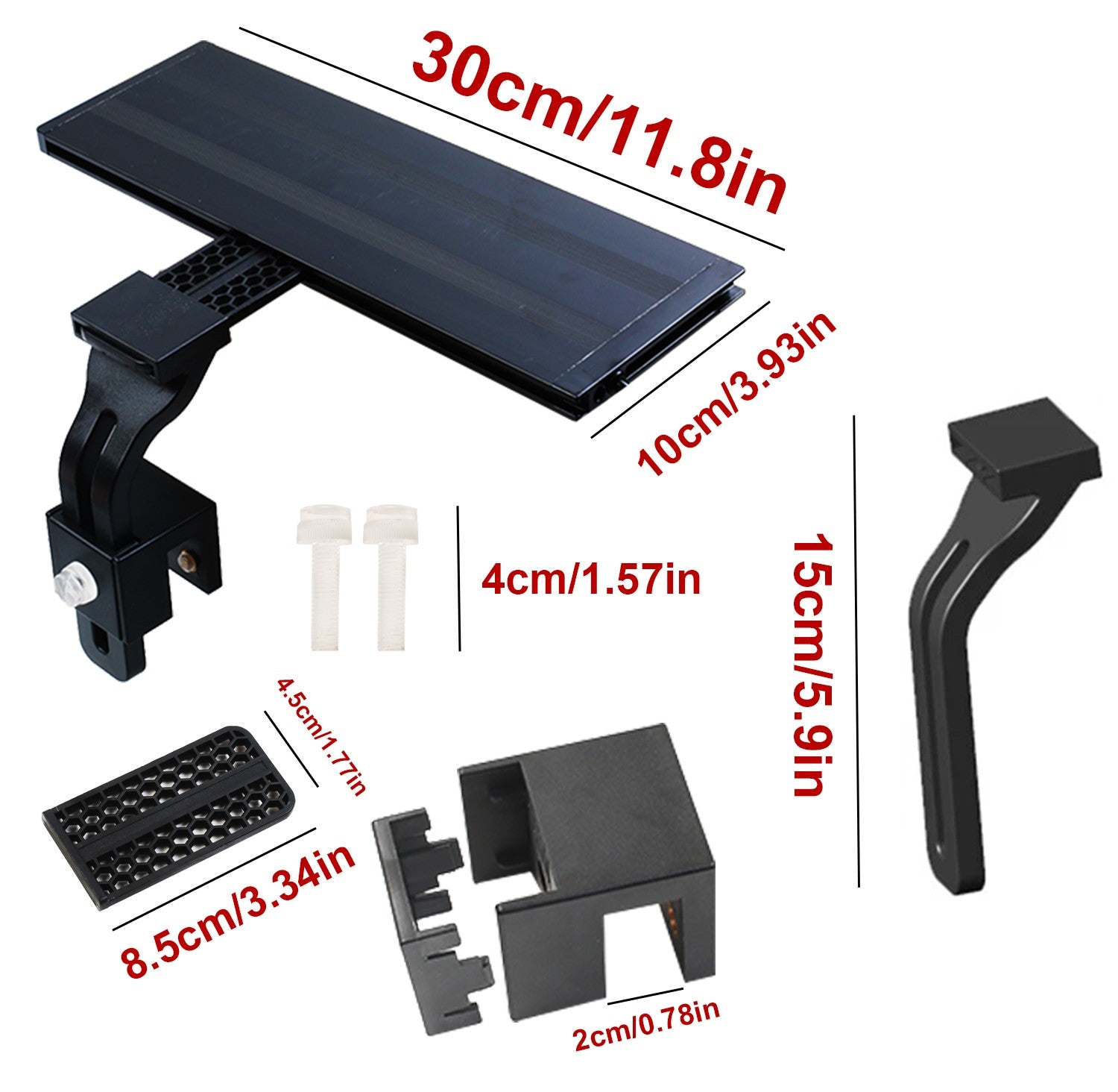 Black metal bracket with labeled dimensions on a white background