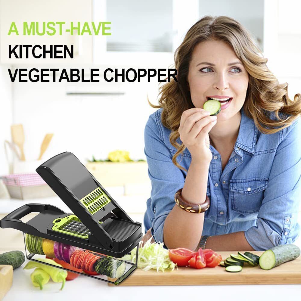 Woman using a vegetable chopper with text 'A Must-Have Kitchen Vegetable Chopper' on a blurred kitchen background.