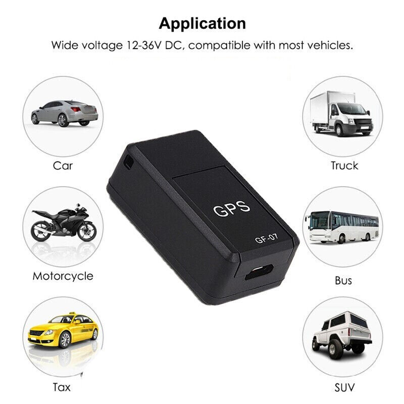 GPS tracker with compatibility icons for various vehicles on a white background