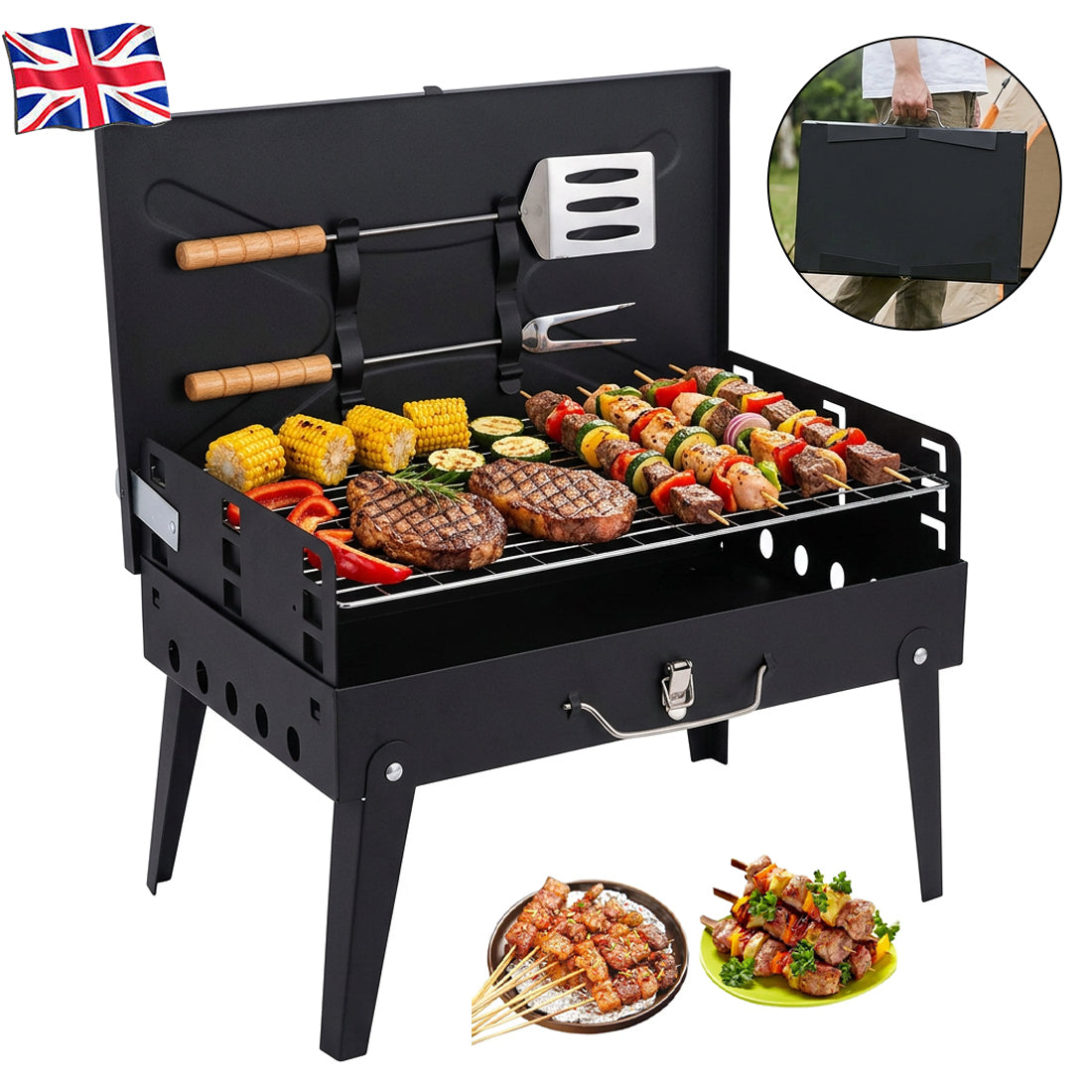 Portable barbecue grill with food and utensils, including a British flag icon.