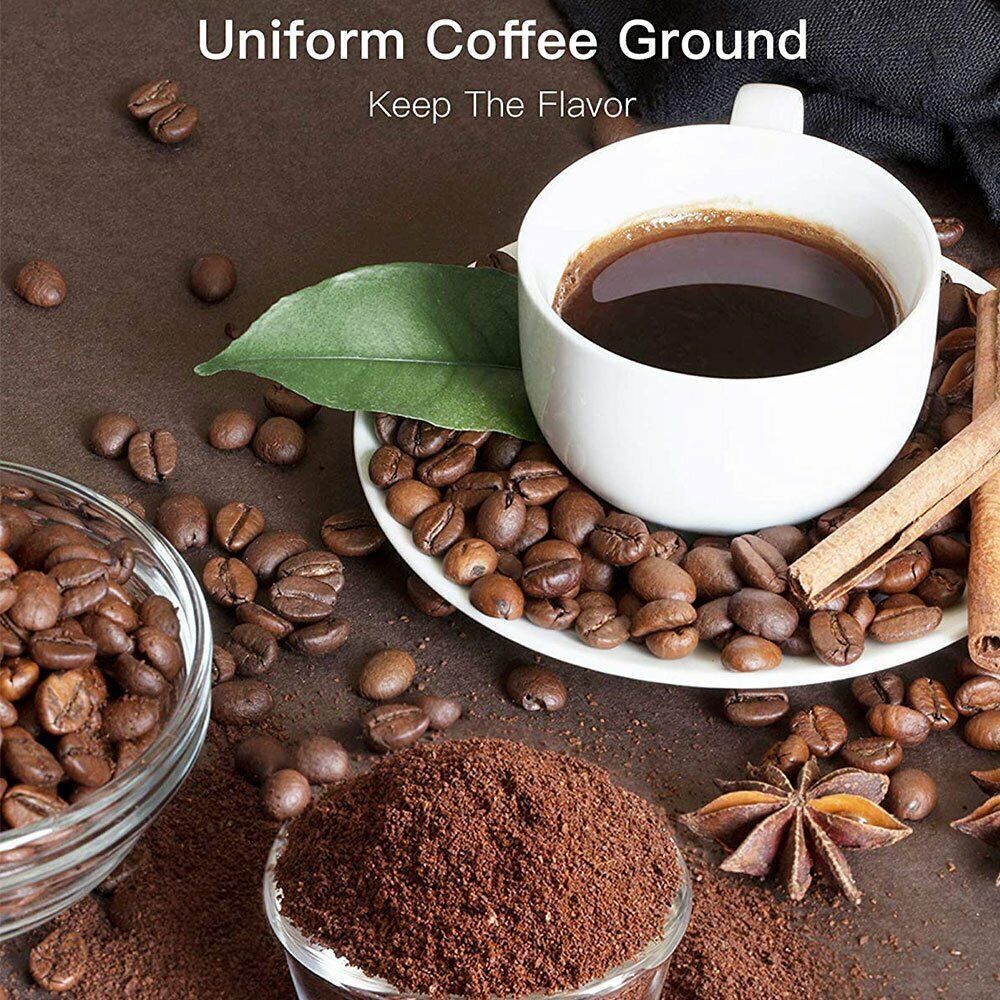 Coffee beans, ground coffee, and a cup of coffee on a brown background with text 'Uniform Coffee Ground Keep The Flavor'.