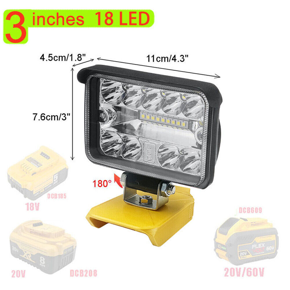 LED work light with dimensions and compatibility information on a white background