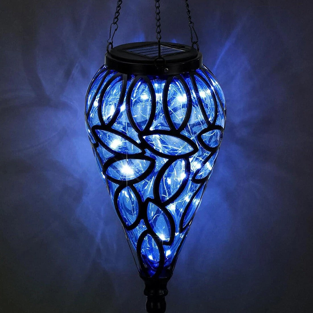 Decorative hanging lantern with blue LED lights on a dark background