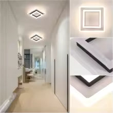 Modern ceiling light fixture in a hallway with close-up inset showing design details.