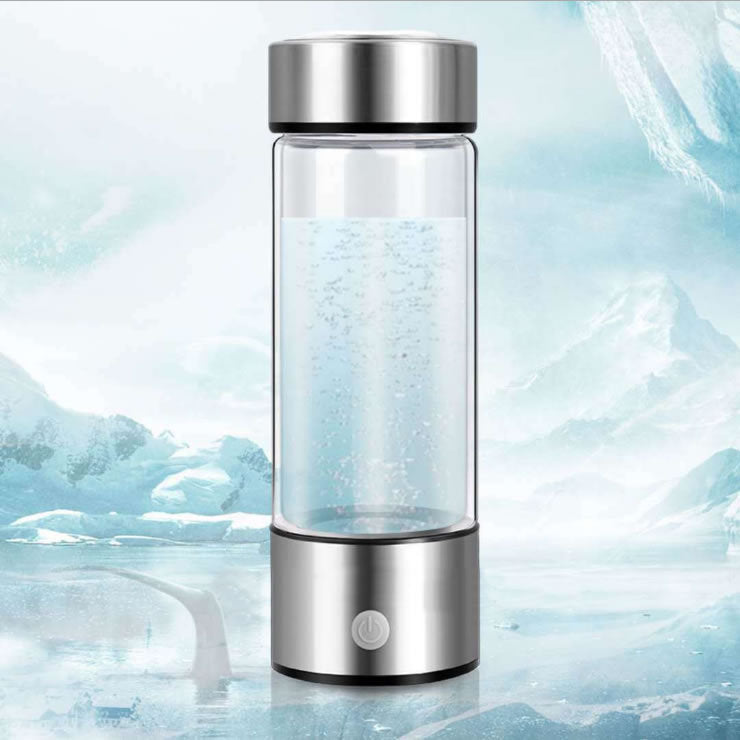 Hydrogen water bottle with a snowy landscape background