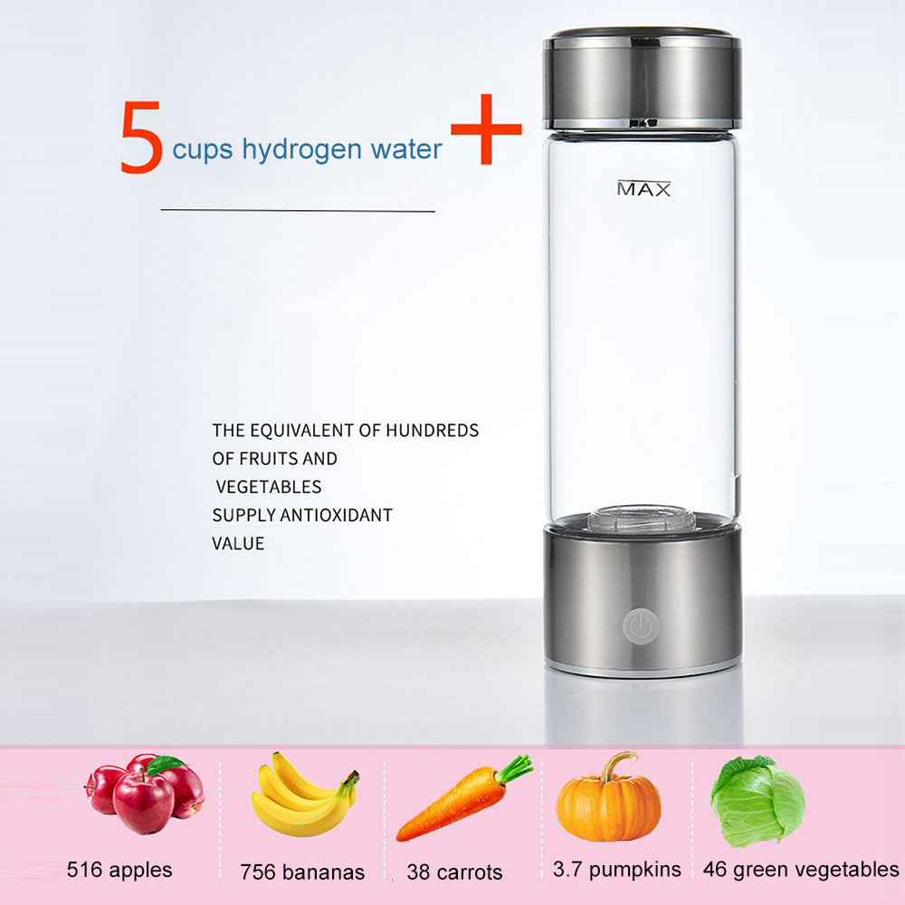 Hydrogen water bottle with text about its health benefits on a light background