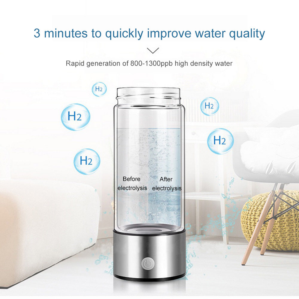 Water electrolyzer with text on water quality improvement and hydrogen generation.