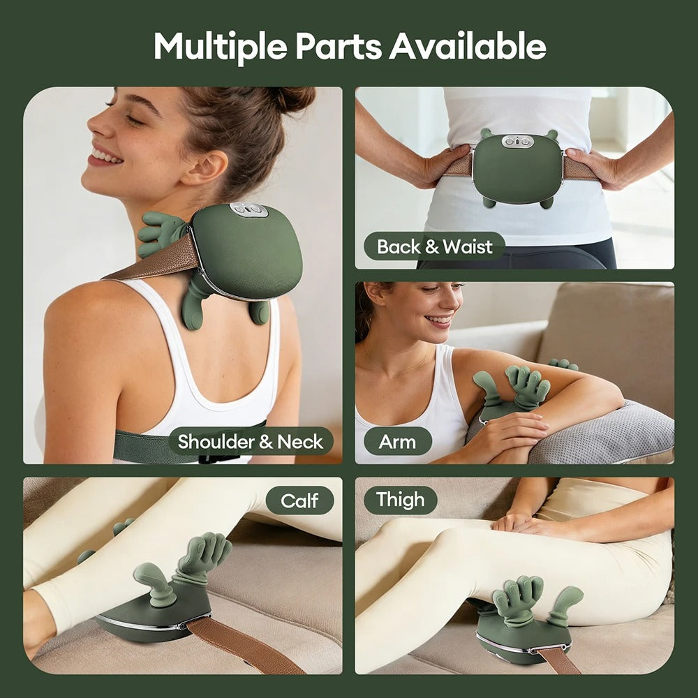 Masseur device being used on various parts of the body with text indicating different areas.