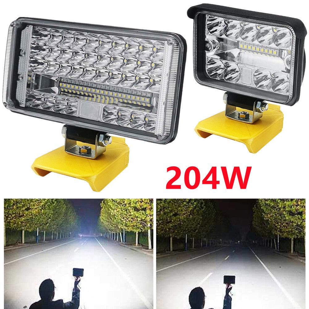 Two LED work lights with a yellow stand, labeled '204W', shown on a white background.