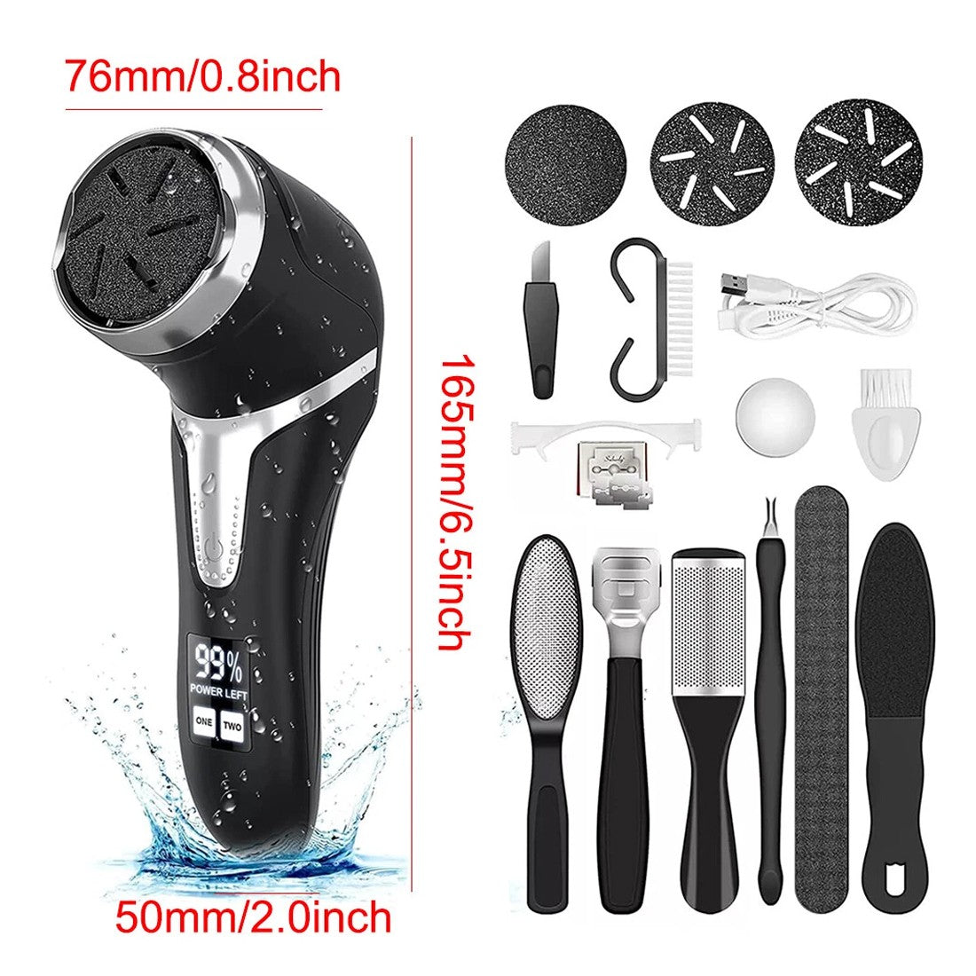 Black and silver electric shaver with grooming tools on a white background
