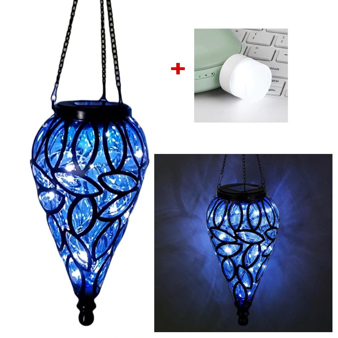Blue LED hanging lantern with bulb inset on a white background
