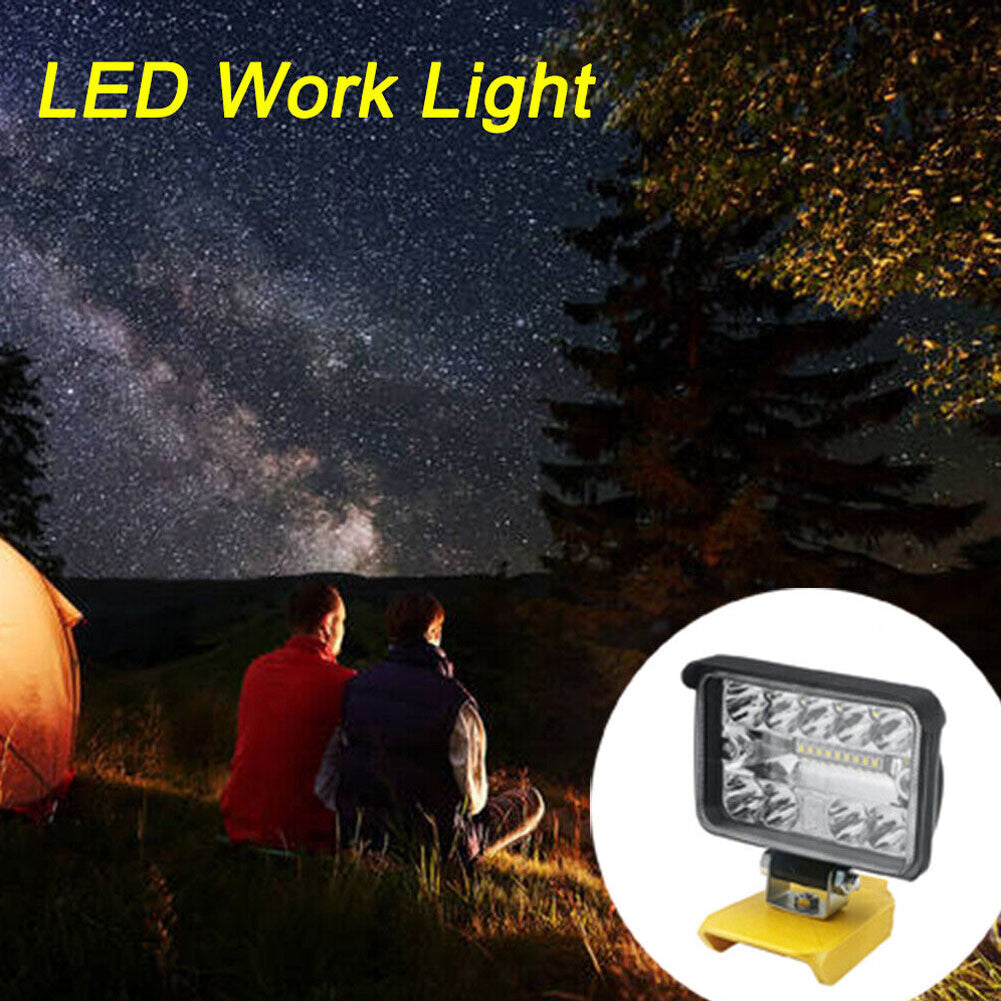 Two people sitting under a starry sky with an LED work light inset.