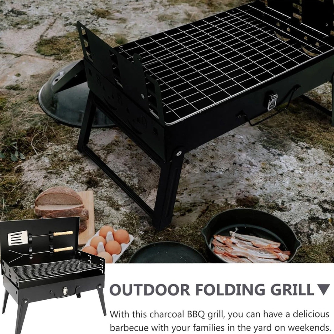 Outdoor folding grill with cooking utensils on a stone surface