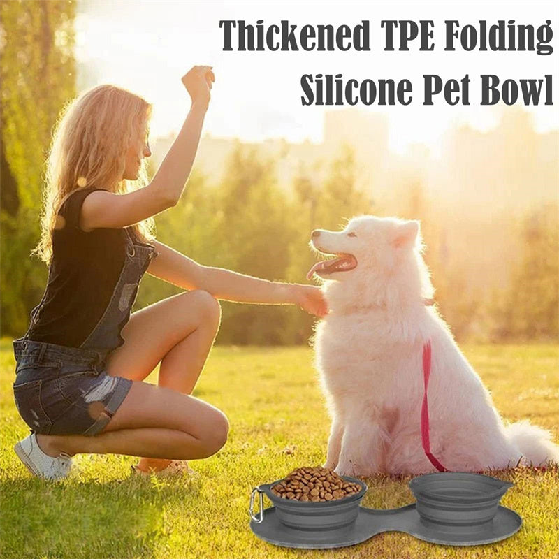 Portable Collapsible Double Dog Bowl with Non-Slip Silicone Mat for Travel & Outdoor Use