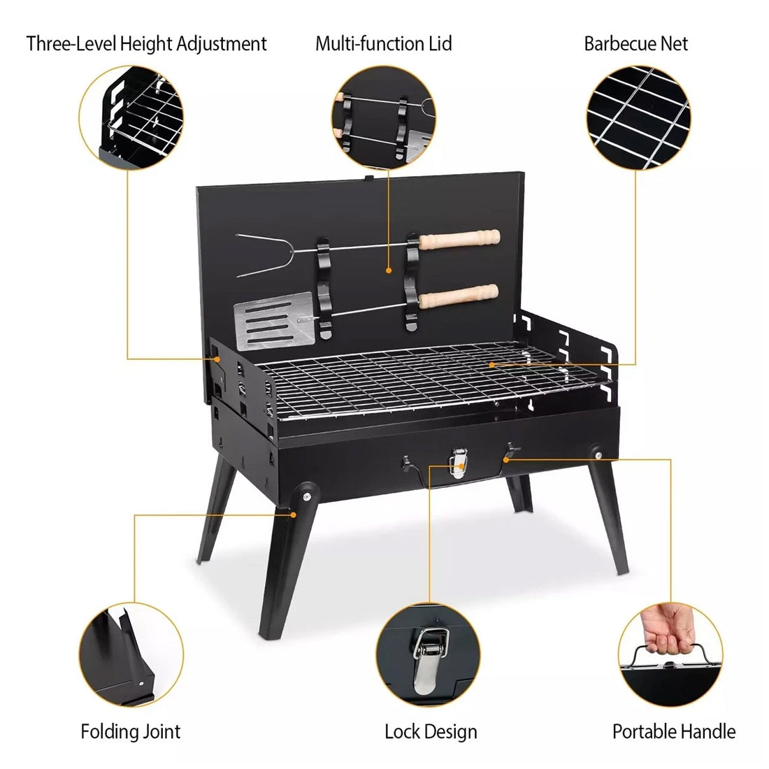 Black portable barbecue grill with features highlighted on a white background