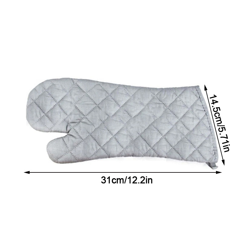 Gray quilted oven mitt with measurements on a white background