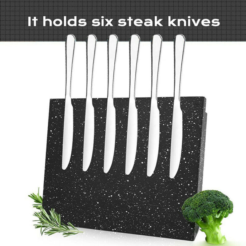 Black speckled knife holder with six steak knives on a white background