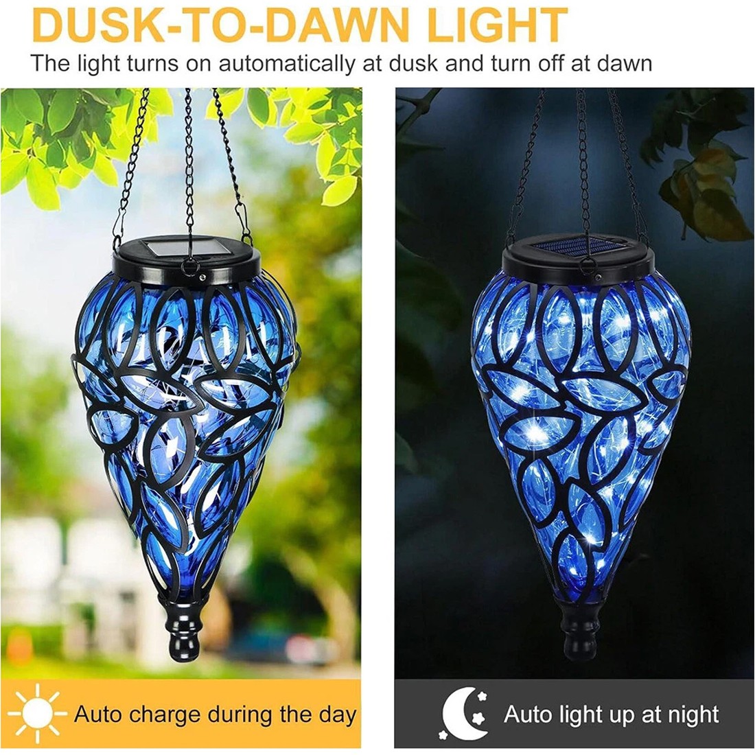 Blue glass solar light with leaf pattern, showing functionality during day and night.