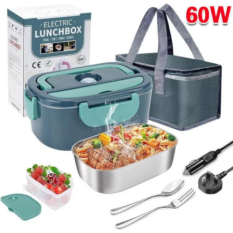 Electric lunchbox with food, utensils, and packaging on a white background