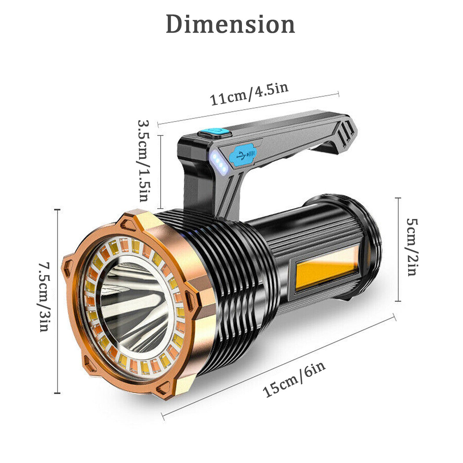 Handheld flashlight with dimensions labeled on a white background