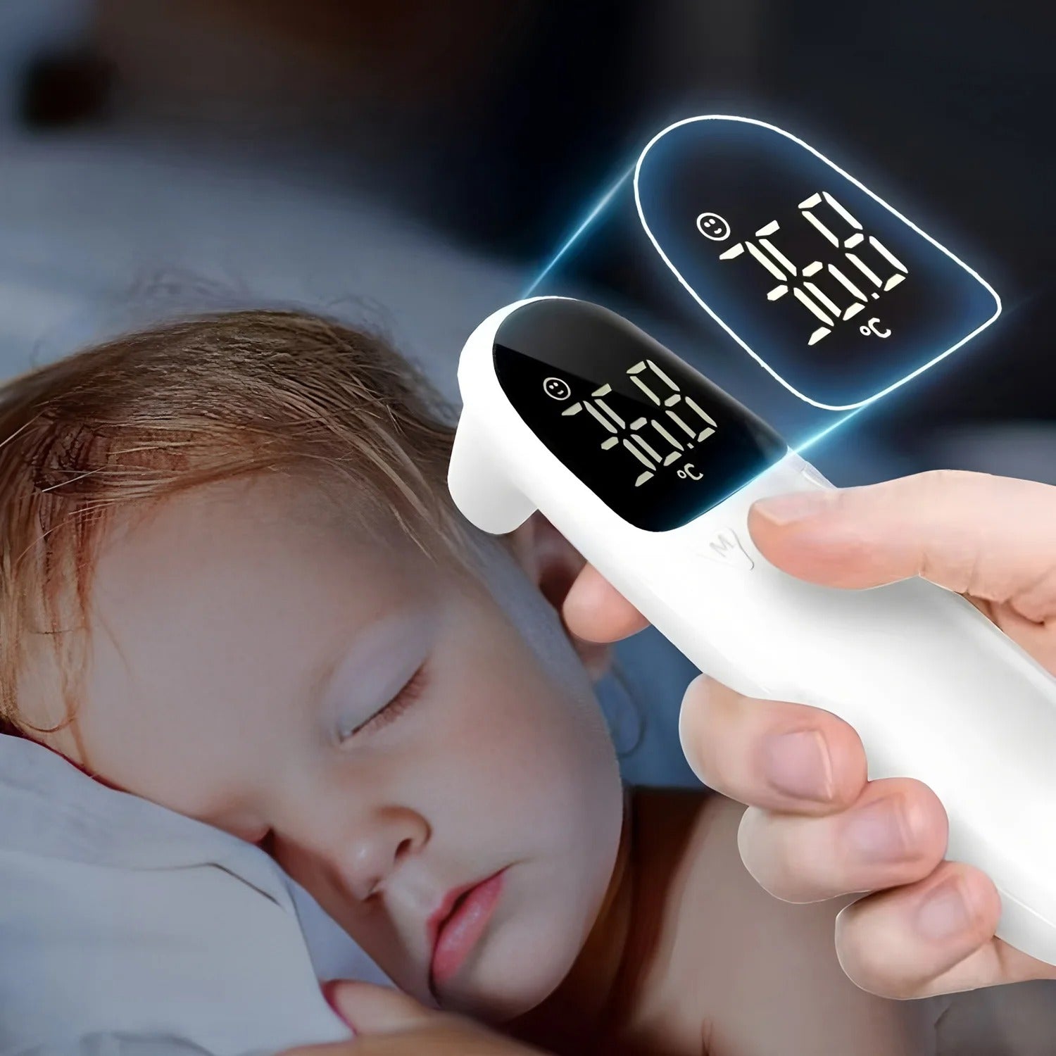 Child lying down with a digital thermometer taking their temperature.