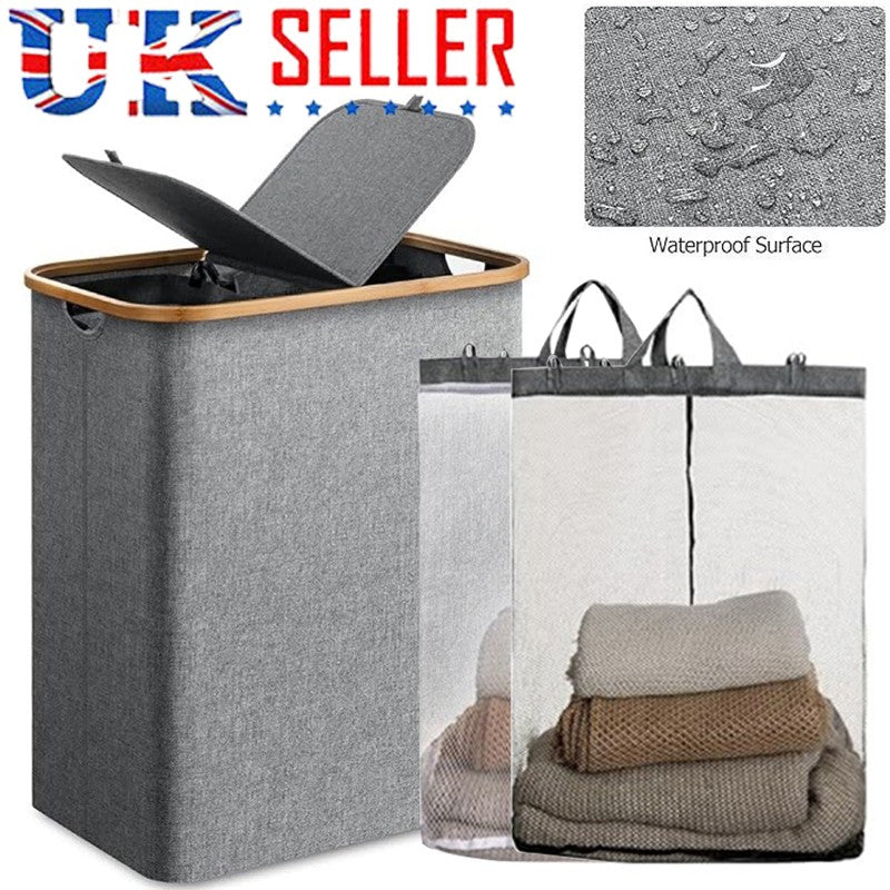 Gray laundry basket with waterproof surface feature, UK seller label, and folded clothes inside.
