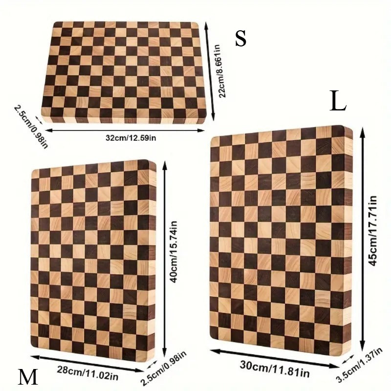 Checkered cutting boards of different sizes with dimensions labeled