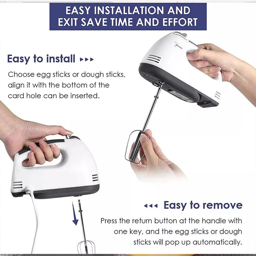 Handheld mixer with text on easy installation and removal of sticks.
