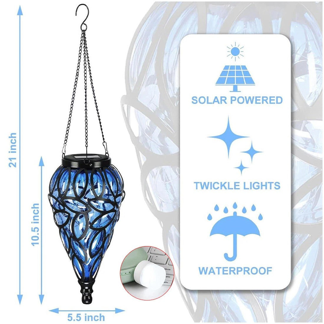 Solar-powered decorative light with dimensions and features listed