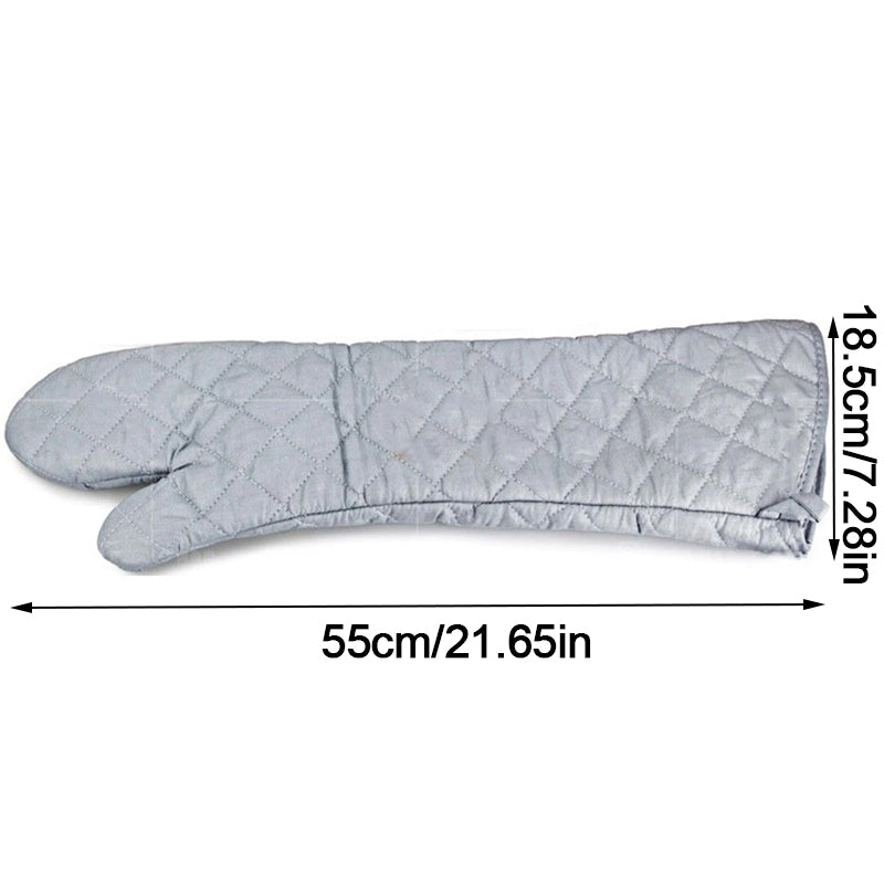 Gray quilted oven mitt with measurements on a white background