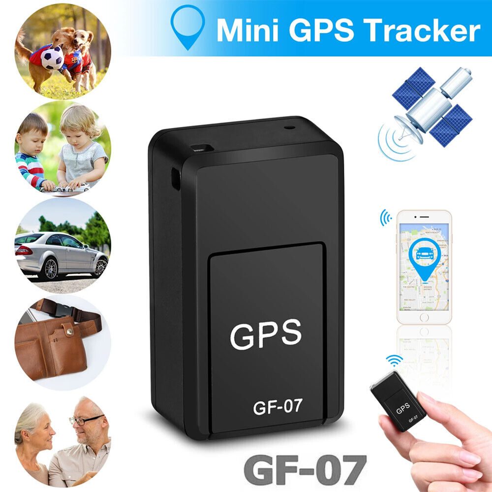 Mini GPS tracker with images of its usage on people, pets, and vehicles, and a hand holding the tracker.