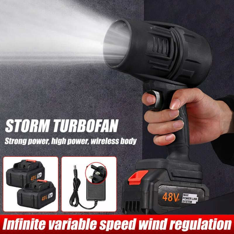 Handheld power tool with 'Storm Turbofan' branding, showing battery packs and charger.