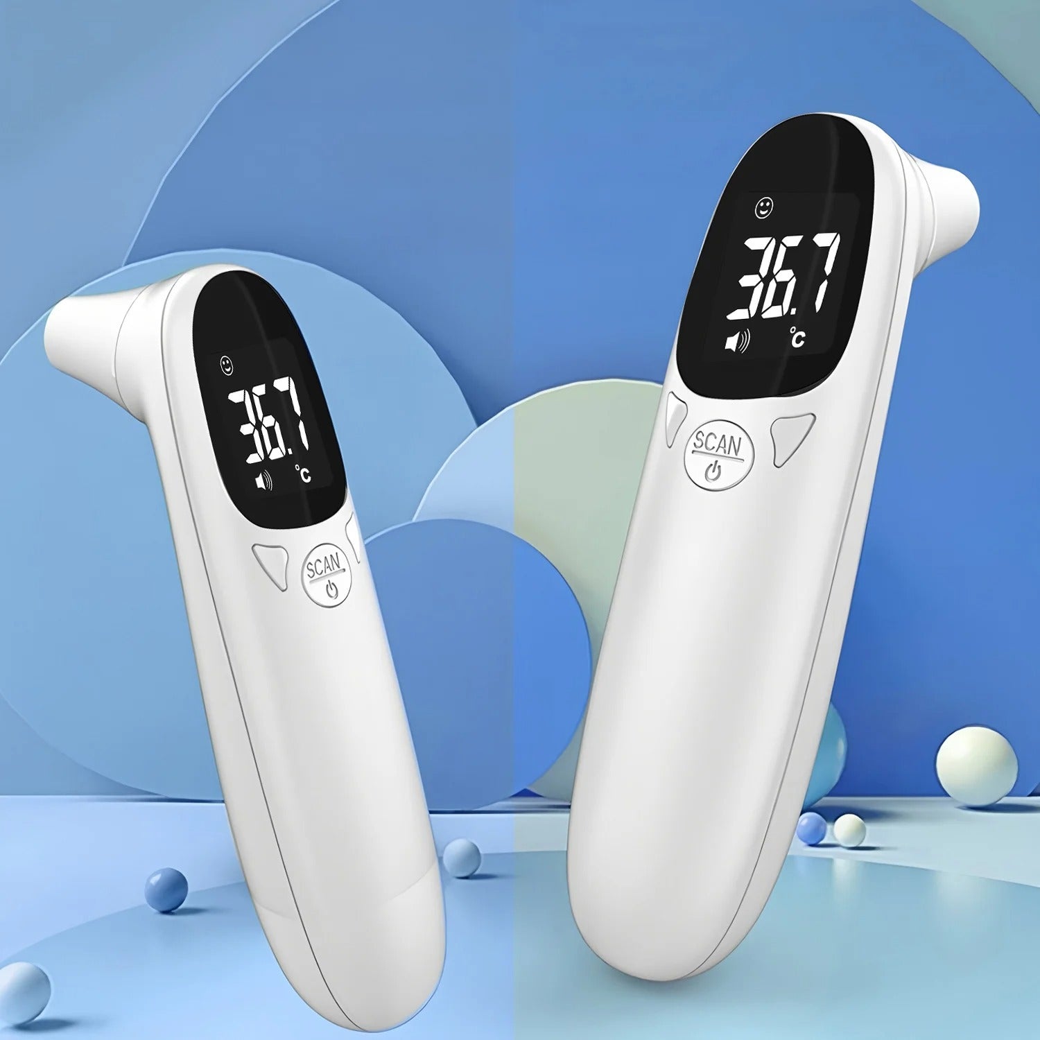 Two white electronic thermometers on a blue background