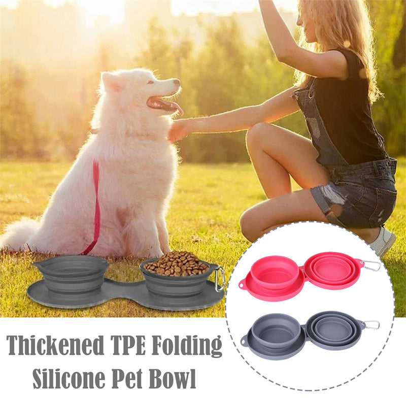 Portable Collapsible Double Dog Bowl with Non-Slip Silicone Mat for Travel & Outdoor Use