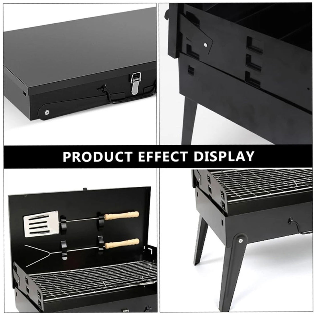 Collage of a black portable grill with accessories on a white background
