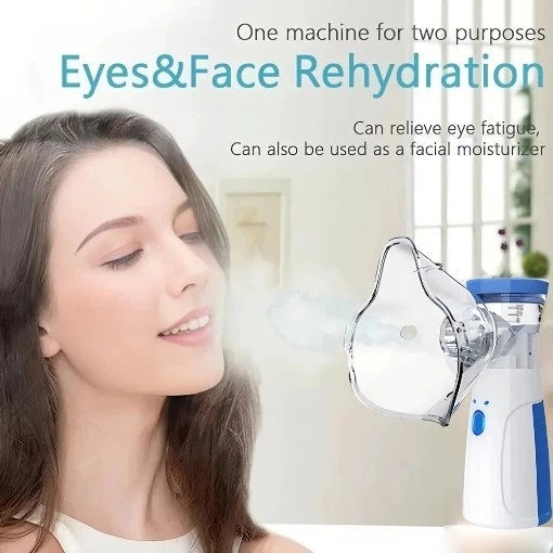Woman using an eye and face rehydration device with text on a blurred indoor background