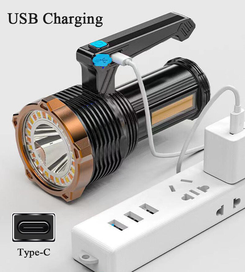 USB charging flashlight with Type-C connector on a white background