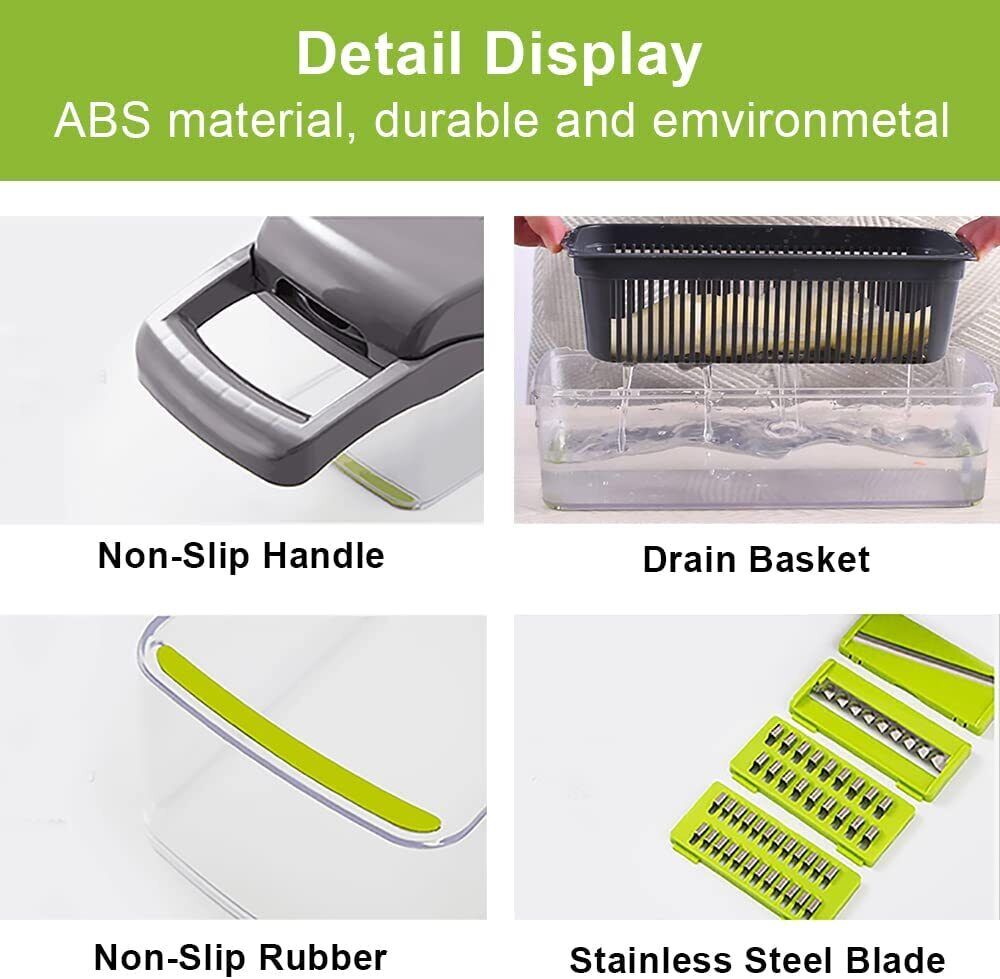 Collage of kitchen tool features including non-slip handle, drain basket, non-slip rubber, and stainless steel blade.