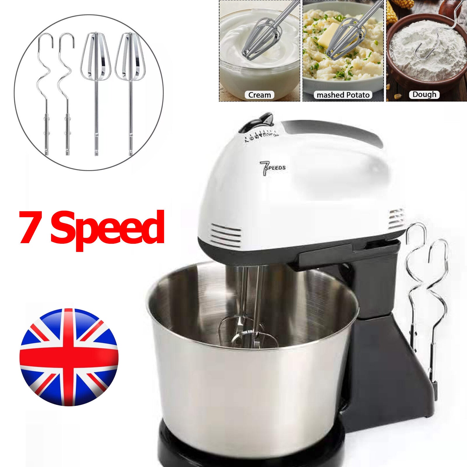 White hand mixer with metal bowl and attachments, featuring '7 Speed' text and a British flag icon.