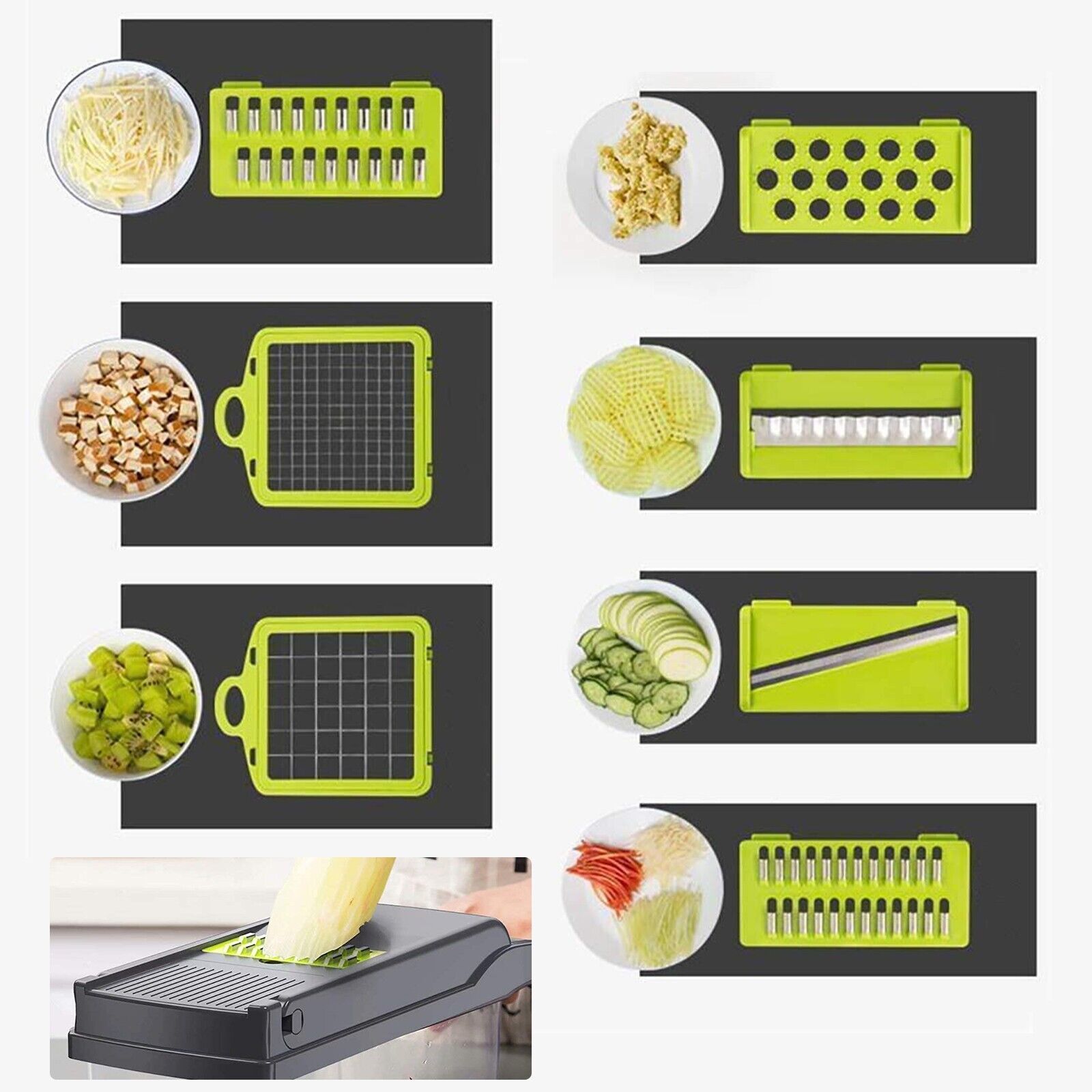 Collection of a vegetable chopper with various attachments and sliced vegetables on a white background.