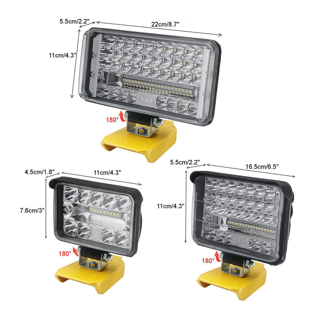 Three rectangular LED work lights with dimensions and mounting brackets on a white background