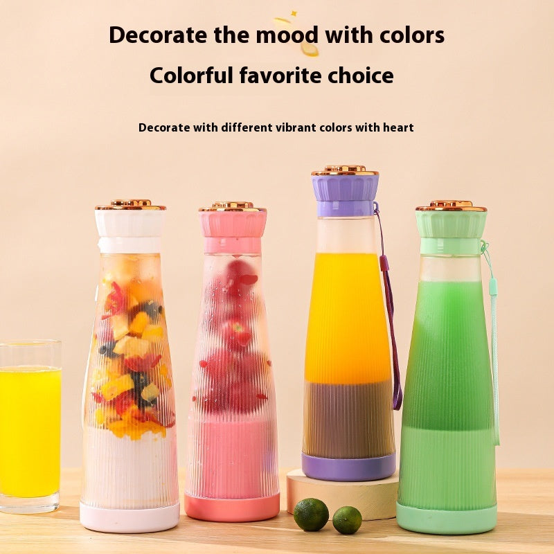 Four colorful water bottles with fruit infusers on a wooden surface.