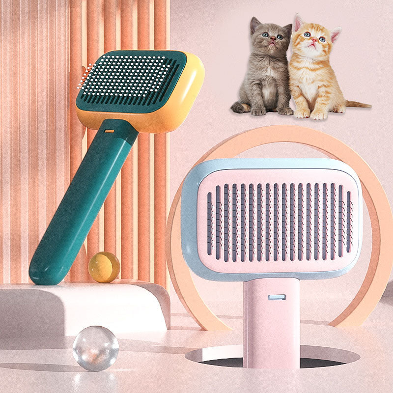 Two pet grooming tools with two cats sitting on a pink background